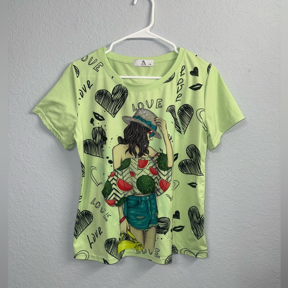 Graphic Tee with Heart and Watermelon Design